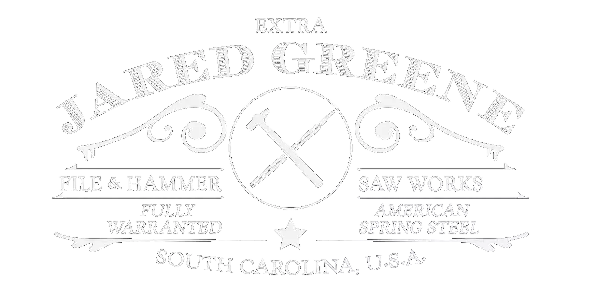 A logo with a crossed file and hammer reading Jared Greene File & Hammer Saw Works Fully Warranted American Spring Steel South Carolina, U.S.A.